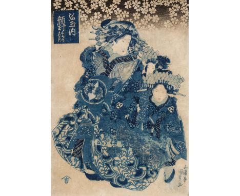 * Kunisada III (Utagawa, 1786-1865). Kaomachi of Tama-ya, circa 1830, woodblock print, depicting a courtesan with two young c