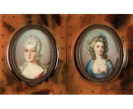 * French School. Portraits of Regency Beauties, 19th century, two gouache miniatures, both indistinctly signed, one showing t