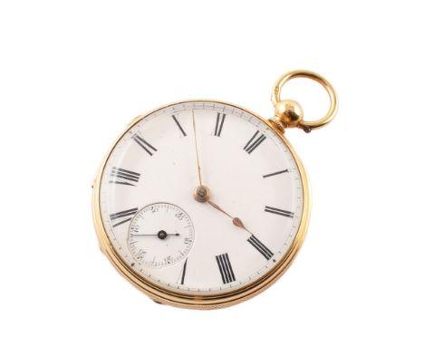 18ct gold small key wind pocket watch , full brass plate fusee movement, engine turned decoration, plain cartouche, hallmarke