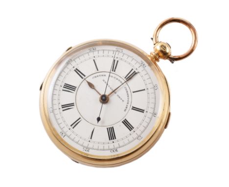 18ct gold centre seconds chronograph with stopwatch function by Kendal &amp; Dent, white enamel dial, Roman and Arabic numera