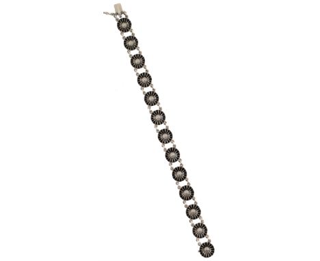 Georg Jensen silver and black enamel flower head link bracelet , tongue and box snap clasp, 19cm long, stamped Georg Jensen o