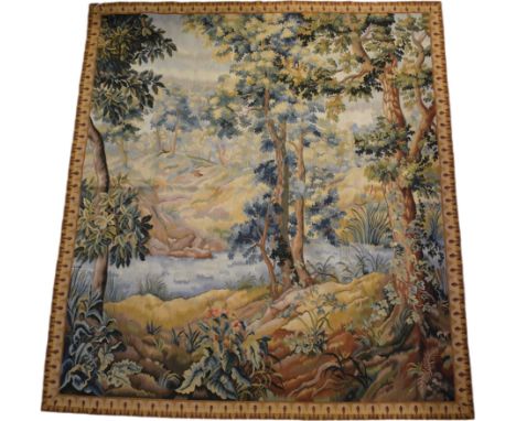 A 20th century tapestry depicting a rural landscape, looking out over a brook 162 x 145 cm. For a condition report please vis