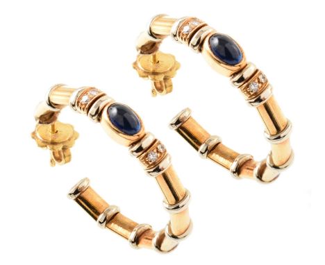 Pair of sapphire and diamond 18ct yellow gold bamboo hoop earrings , oval cabochon blue sapphire to each earring measuring ap