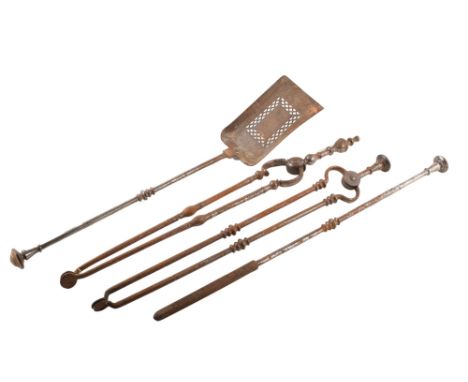 A set of Georgian polished steel fire irons with fretted spade. Set of 4, largest item 68cm length. For a condition report pl