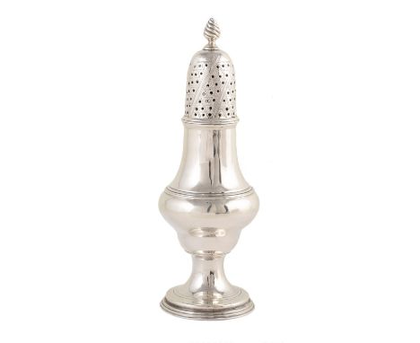 Irish silver sugar shaker, plain polished baluster form on pedestal foot, pierced decoration lid with spiral finial, height a
