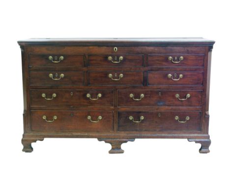George III mahogany Lancashire chest, hinged rectangular lid with ogee mould above six false drawers and four true drawers, c