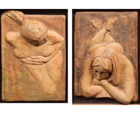 Jean Fenton, 20th century, Female nude studies, monogrammed, sculpted ceramic tiles, a pair, each 23 x 18.5cm, 9 x 7.25in (2)