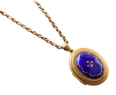 Victorian 18ct gold guilloche enamel locket, oval shaped locket with central domed guilloche enamel and gold filigree decorat