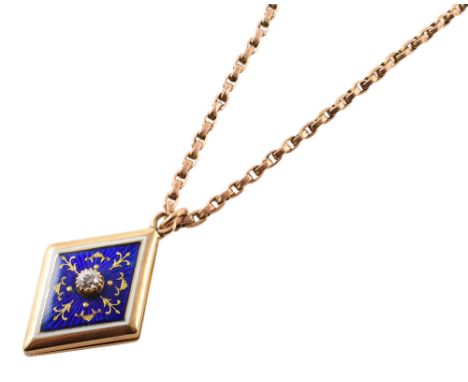 Edwardian diamond and enamel 18ct yellow gold locket , diamond shaped yellow gold locket with blue guilloche enamel and gold 