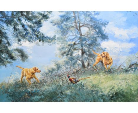 Henry Wilkinson R.E., A.R.C.A. (1921-2011), Two golden labradors and a pheasant, signed, oil on canvas, 50 x 75.5cm, 19.75 x 
