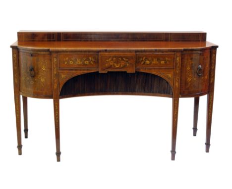 Early 18th century figured mahogany bow-front sideboard, top with raised box display shelf, all cross-banded in satinwood and