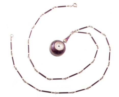 Edwardian silver gilt and enamel ladies' watch pendant on matching chain , the purple guilloche enamel ball pendant inset wit