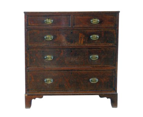George III oak chest of two short and three long graduated drawers, rectangular top with mahogany cross-banding decorated wit