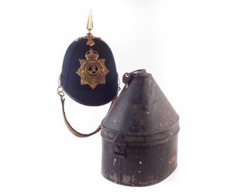 Shropshire Light Infantry blue cloth helmet , with original tin and cover, the inside with broad arrow and 1912 date, J. Comp