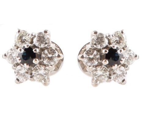 Pair of sapphire and diamond flower head cluster earrings , round mixed cut central sapphires measuring approx. 4mm, claw set