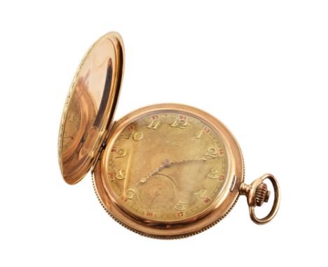 Art Deco 14ct gold Lobar full Hunter pocket watch , crown winding brass jewelled lever movement, case stamped '14K' and '0.58