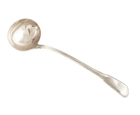 Georgian silver soup ladle , plain polished bowl, fiddle and thread pattern with initials inscribed to handle, length approx.