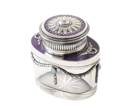 Austrian silver, glass and enamel inkwell , oval cylindrical body with cut design to base, silver and enamel hinged lid and s