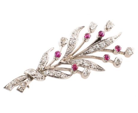 Circa 1950's diamond and ruby 18ct white gold spray brooch , plain polished white gold body milgrain set with mixed cut diamo
