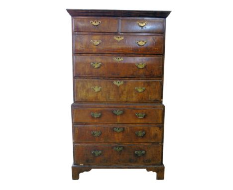 Late 18th century walnut chest on chest, cornice cut on cross-section timber, all drawers with herringbone inlay, replacement