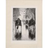 Ury, Lesser: Regennasse Tiergartenallee mit Pferdedroschken: Dame mit...