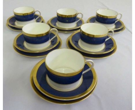Coalport tea set blue ground with gilded border, six cups, saucers and plates