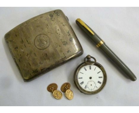 A silver cigarette case, a pair of 9ct gold cufflinks, a silver pocket watch A/F and a Waterman fountain pen with 14ct gold n