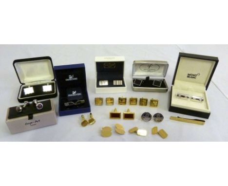A quantity of cufflinks to include a pair of 9ct gold cufflinks, Mont Blanc and Swarovski