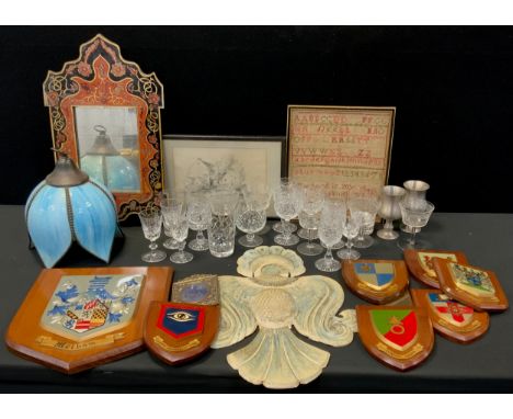 Boxes and Objects - a Victorian embroidered 32cm x 27cm, Thomas Webb cut glass wine glasses, moulded plaster plaque of peacoc