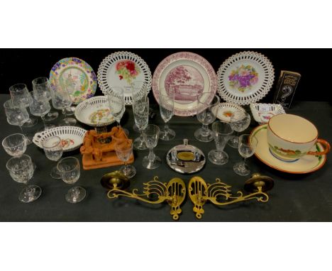 A pair brass art nouveau wall mount candle fixtures, Georgian ale glass, others similar, large motto ware teacup and saucer, 
