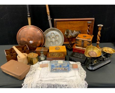 Boxes and Objects - Edwardian inlaid fan wooden tray, 48cm long, a oak barley twist candlestick and other, copper warming pan