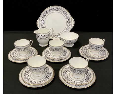 A Shelley ‘Black Grecian Scroll’ pattern no.14294, tea set for five comprised of; five tea cups and saucers, five side plates