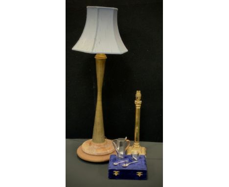 An Indian brass and alabaster table lamp, tapering waisted column, stepped base, 84cm high including shade, brass lamp, minia