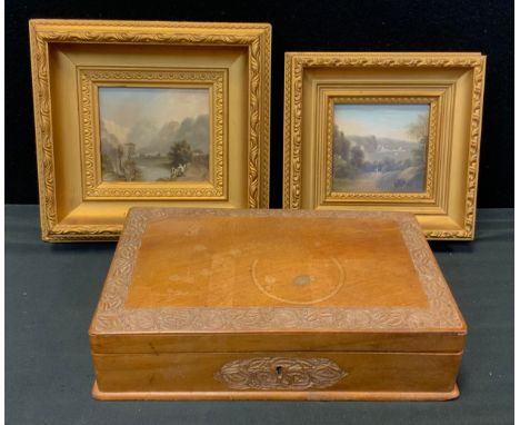 A 20th century carved rectangular trinket box, 28cm long, two oil paintings of Devon on board in gilt frames, 11cm x 5.5cm, 1