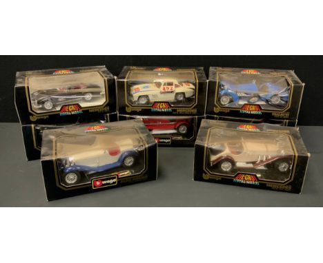 Burago Models cars - eight 1:18 scale cars, Jaguar SS100 x 2 ,Blue and British Racing Green, Mercedes 300 SL Mille Miglia (19