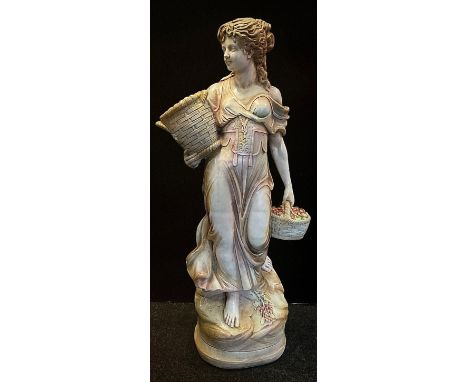 A glazed and painted figural statue, as a classical maiden, a planter basket to her arm, 136cm high. 