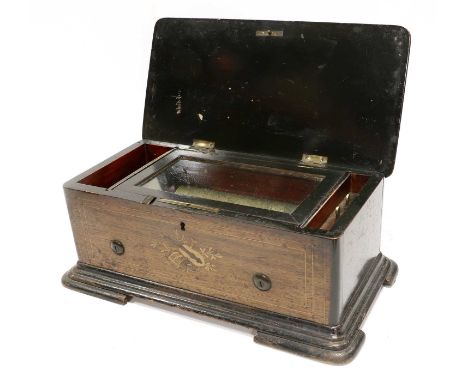 A Musical Box By Ami Rivenc serial no unknown, with single-spring motor, single-section comb in red stained interior under du