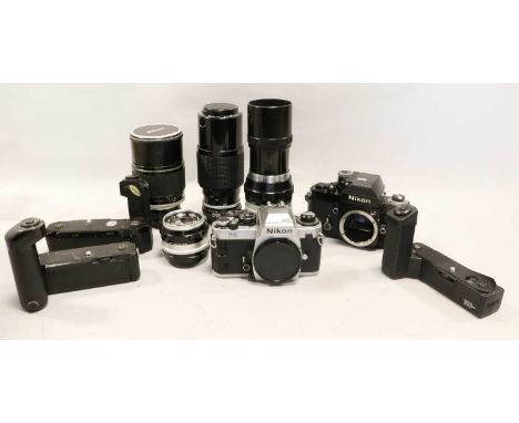 Nikon FA Camera no.5231333 and F2 camera no.7929985; together with Nikkor f4.5 80-200mm, Nikkor-P f2.8 180mm, Nikkor-Q f4 200