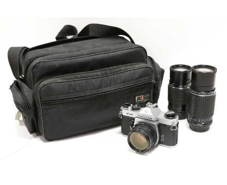 Pentax KM Camera with Pentax-M lenses: f1.7 50mm, f4 75-150 and f4.5 80-200m in soft carry case