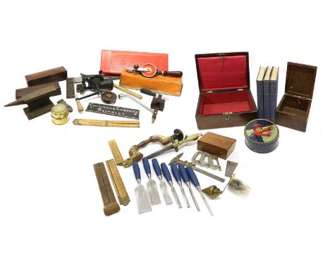 Various Woodworking Tools including a brass fitted brace, a set of Stanley chisels, Wilkinson shears, a pair of callipers, pl