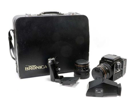 Zenza Bronica SQ-A Camera no.1252368, with Zenzanon-S lenses: f3.5 150mm and f2.8 80mm, prism viewer, film back and pistol gr
