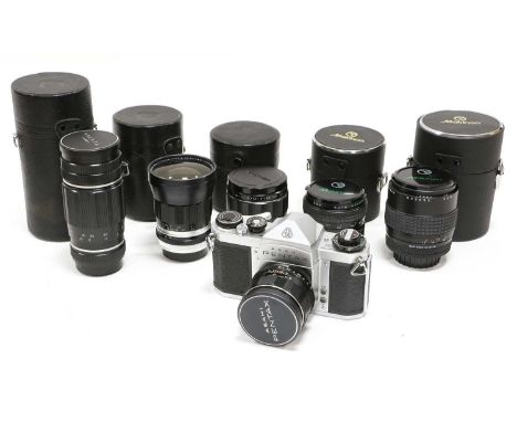 Pentax SV Camera with Super Takumar f1.8 55mm lens; Auto-Takumar f1.8 85mm, f2.3 35mm and Takumar f5.6 200mm lenses together 