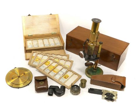 Various Instruments including a brass microscope with various slides; Negretti &amp; Zambra Barometric Forecaster, a Clinomet