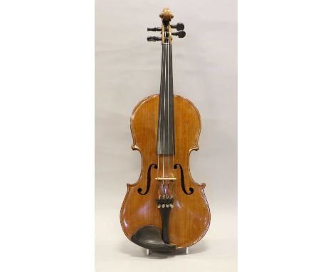 Violin 14 1/8" two piece back, ebony fingerboard, labelled 'Stradivarius', (cased with bow)