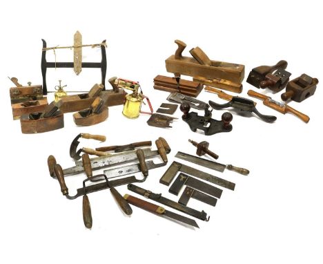 Various Woodworking Tools including bow saw, wooden planes, shaves a set square and others