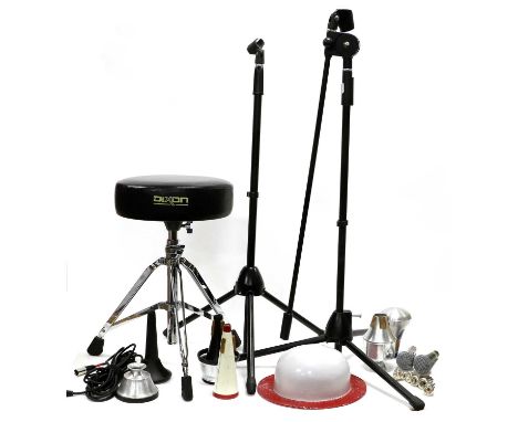 Collection Of Accessories including various Trumpet/Cornet mutes. Akai microphone AMC10, drum seat, microphone stands and fou