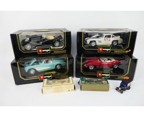 Burago, Lledo, Matchbox - 4 x 1:18 scale Burago, 2 x unboxed Lledo, and 1 x unboxed Matchbox die-cast vehicles - Lot includes