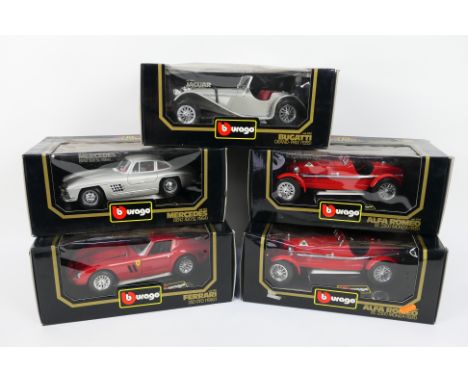 Burago - 5 x boxed 1:18 scale Burago die-cast model vehicles - Lot includes a #3012 1935 Bugatti Grand-Prix car (Bugatti sign