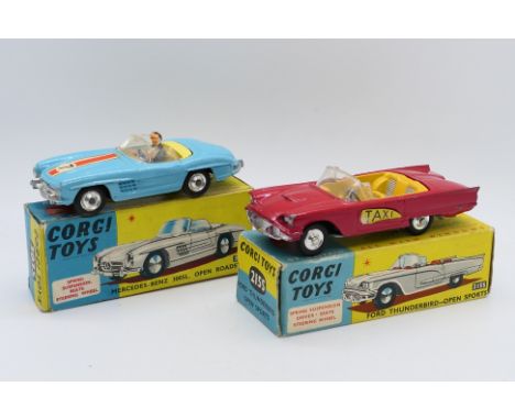 Corgi - 2 x boxed models, Mercedes Benz 300SL open roadster 303S and Ford Thunderbird open sports # 215S. Both cars show sign