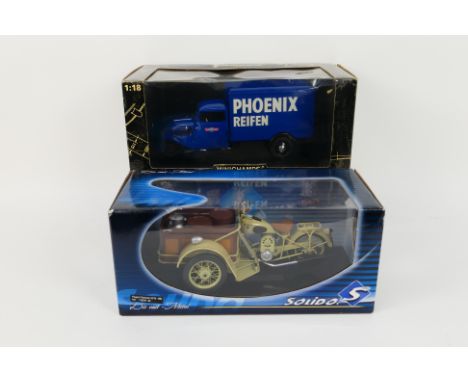 Minichamps - Solido - 2 x boxed models, a Tempo 3 x wheeler box van in Phoenix livery in 1:18 scale # 099040 and a 1952 Peuge